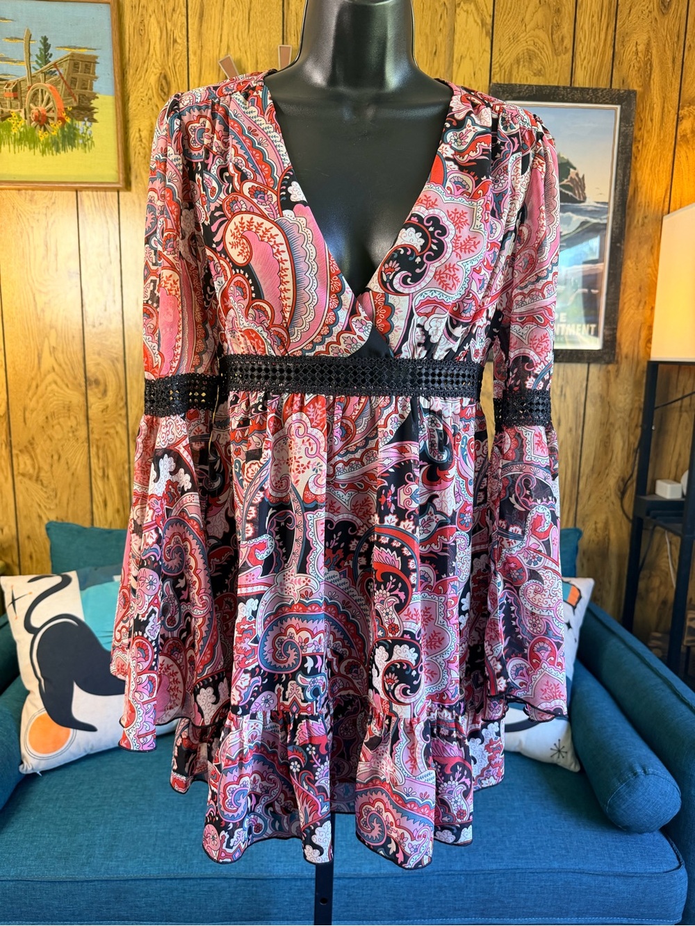 Forever 21 Pink and Black Paisley Peasant Babydoll Dress NWT